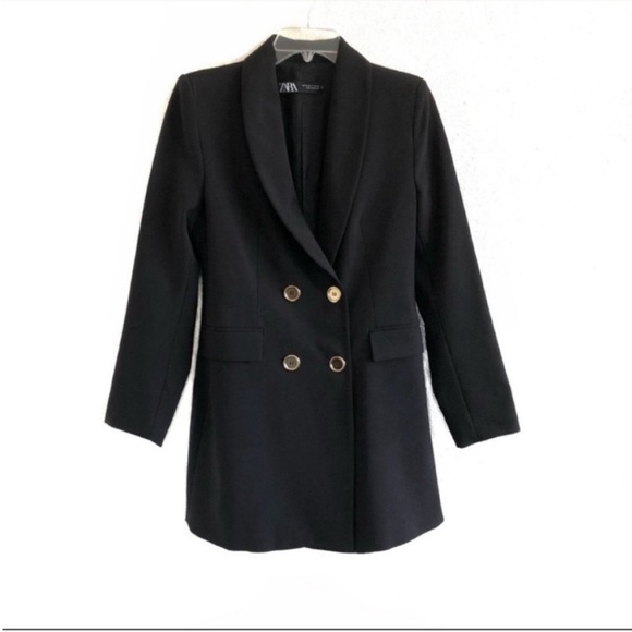 Zara Double Breasted Frock Long Double Breasted Blazer Coat Black - Picture 5 of 8